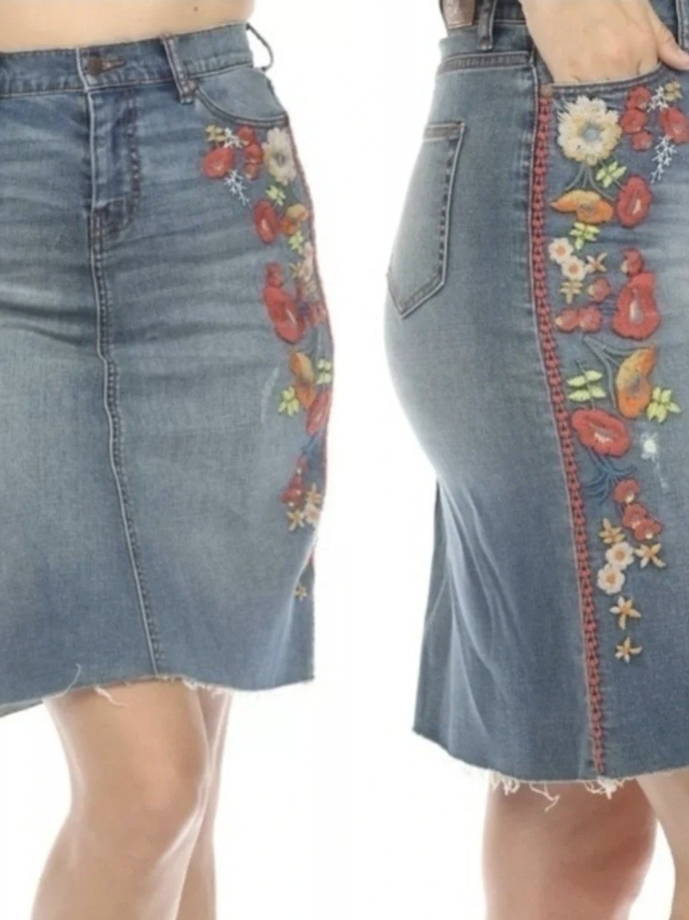 Johnny Was Blue Denim Skirt with Red & Orange Floral Embroidery